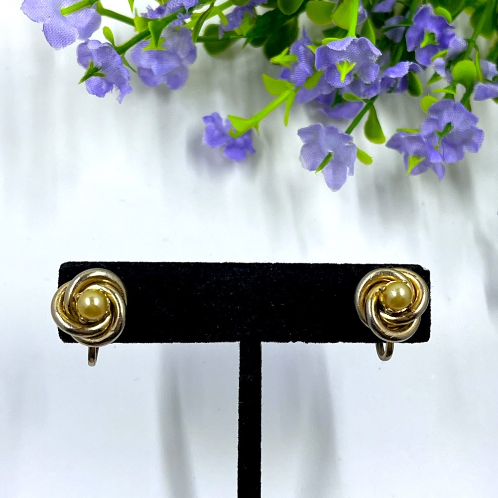 Coro Signed Vintage Knot Style Screw Back Earrings with Pearl Accents